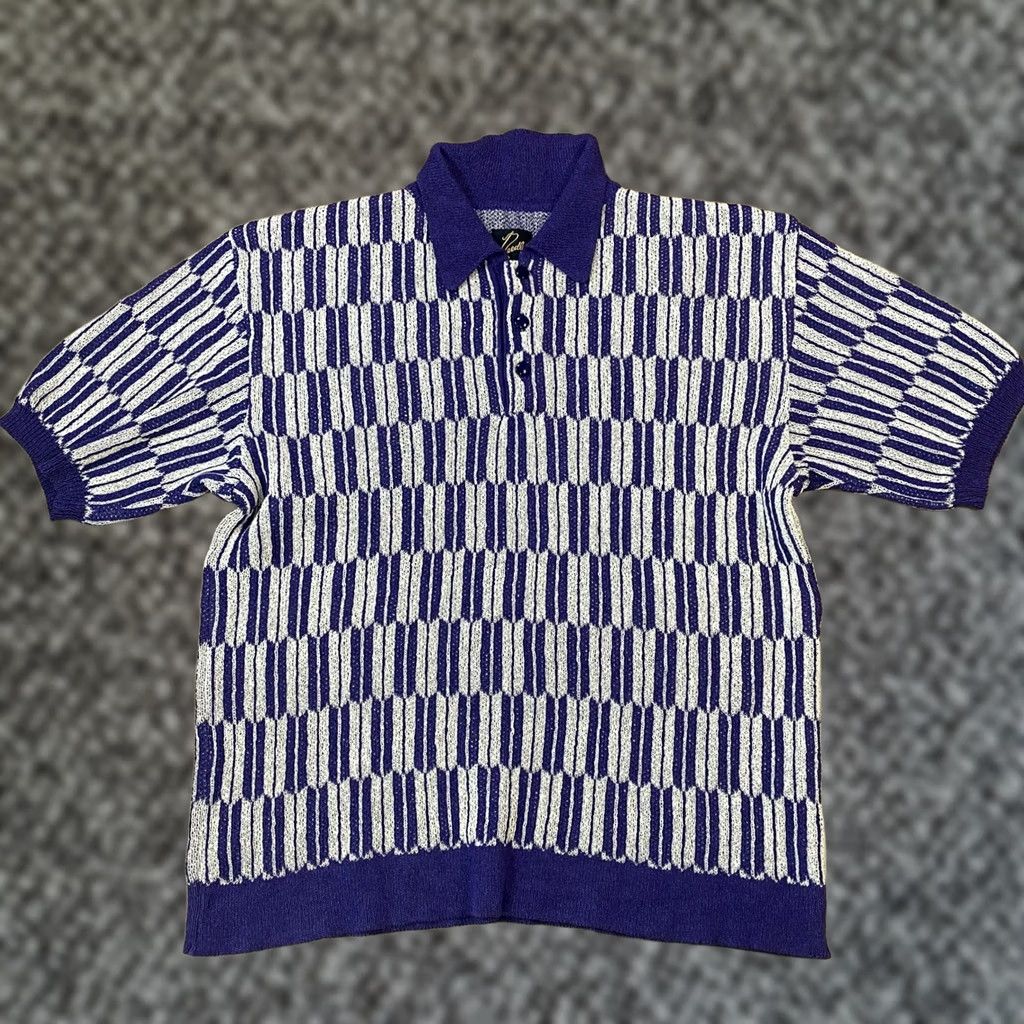 Needles VINTAGE Needles Knit Polo Mens M Purple White Geometric Nepenthes Japanese Paper Heritage Short Sleeve Collarless 43 in Chest Mens Regular Size M Size US M / EU 48-50 / 2 - 1 Thumbnail