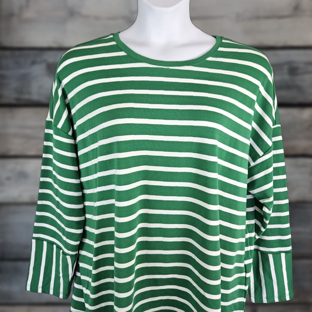 Vintage d&co Active Womens Top T-Shirt 2X Green White Stripe Long Sleeve Cotton Blend Shirt Women Size XXL / US 16-18 / IT 52-54 - 1 Thumbnail