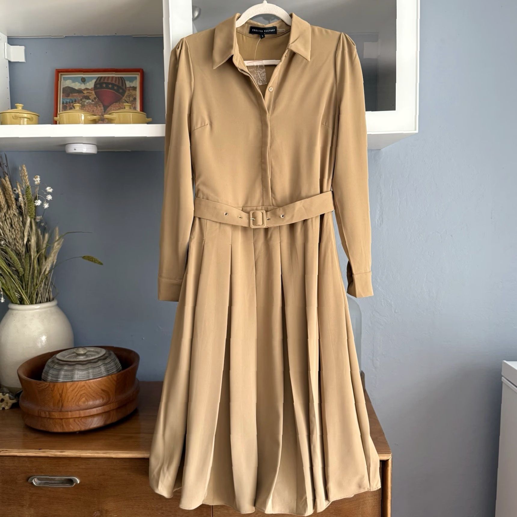 English Factory English Factory Dress Adult S Camel Pleated Collared Long Sleeve Midi Womens Size S / US 4 / IT 40 - 2 Thumbnail