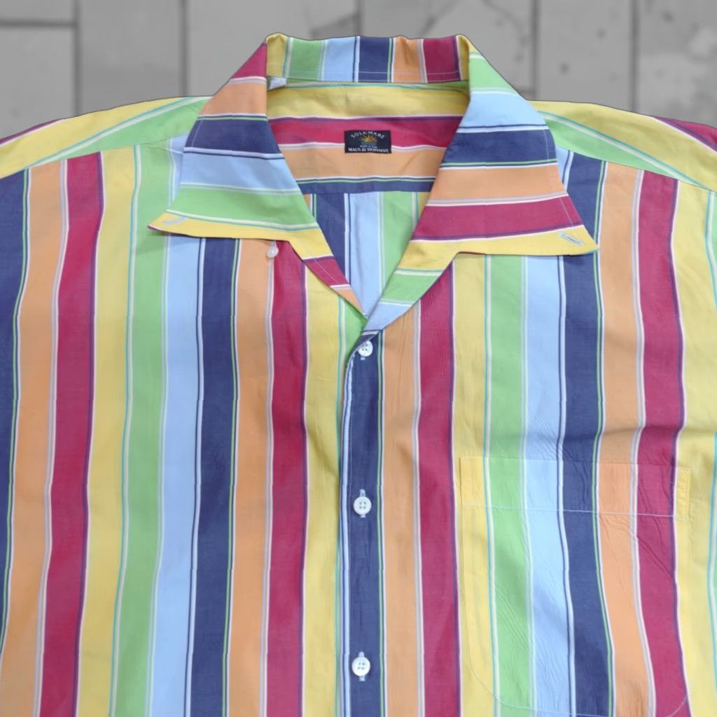 Vintage Maus & Hoffman Shirt XL Blue Yellow Green Striped Camp Collar Made In Italy Size US XL / EU 56 / 4 - 1 Thumbnail
