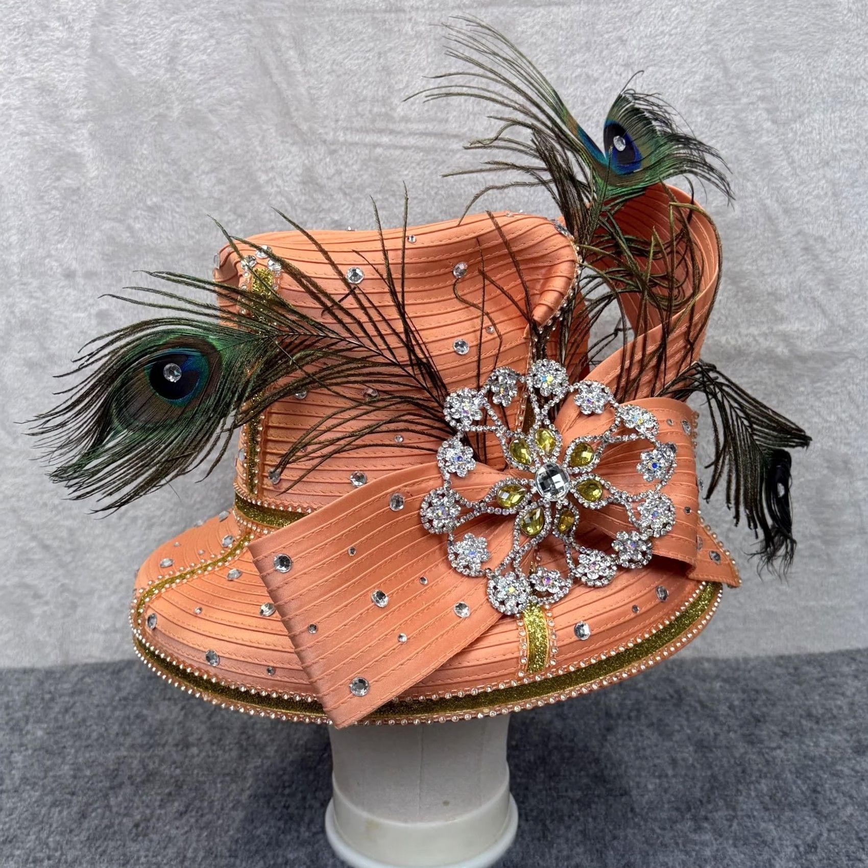 Elite Champagne Hat Bowler Womens Gold Satin‎ Leopard Rhinestone Derby Church VINTAGE Elite Champagne Orange Satin Cloche Hat Rhinestone  main image 4