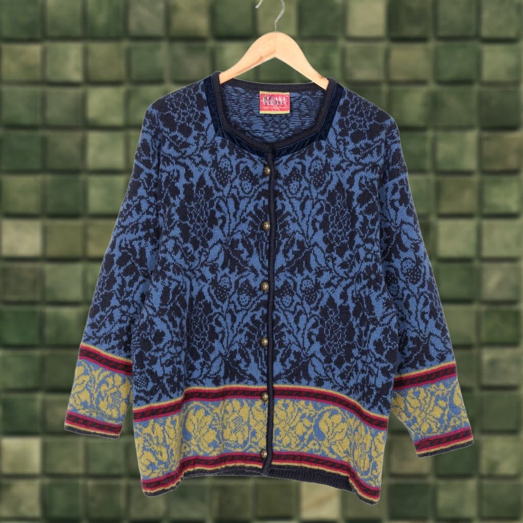 Vintage OLEANA Cardigan Jumper Women M Blue Wool Vintage Norway Nordic Floral Crew Neck Long Sleeve Knitted Wool VR1447 Size M / US 6-8 / IT 42-44 - 1 Thumbnail