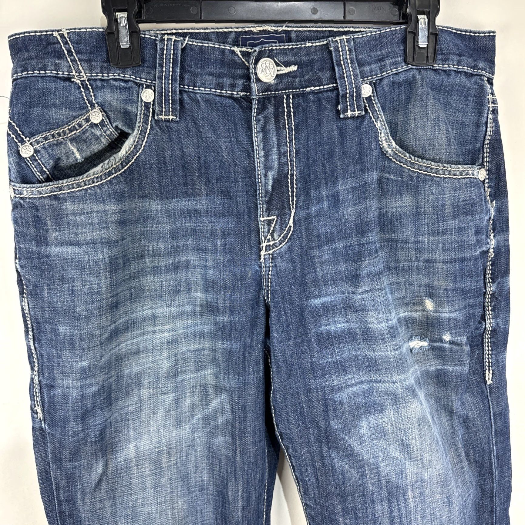 Vintage Rock & Republic Jeans Men's 34x32 Blue Denim Bootcut Medium Wash Distressed Straight 5-Pocket Size US 34 / EU 50 - 2 Thumbnail