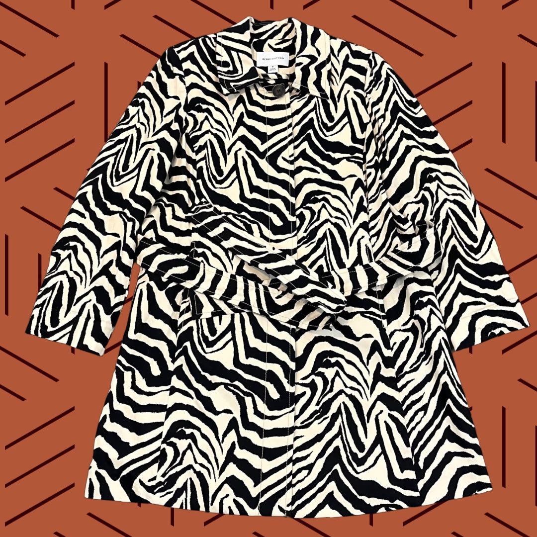 PERRI CUTTEN Women Medium Brown Black Zebra Long Overcoat Tie Wrap Collared Coat