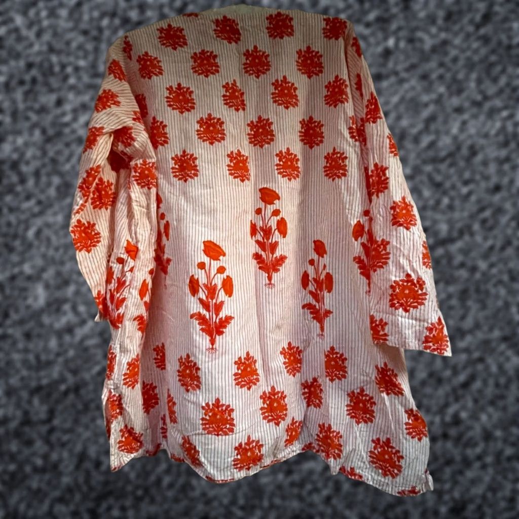 Vintage Bindu Bindi Womens Split Neck 3/4 Sleeve Striped Floral Oversized Shirt White Red Large Size L / US 10 / IT 46 - 1 Thumbnail