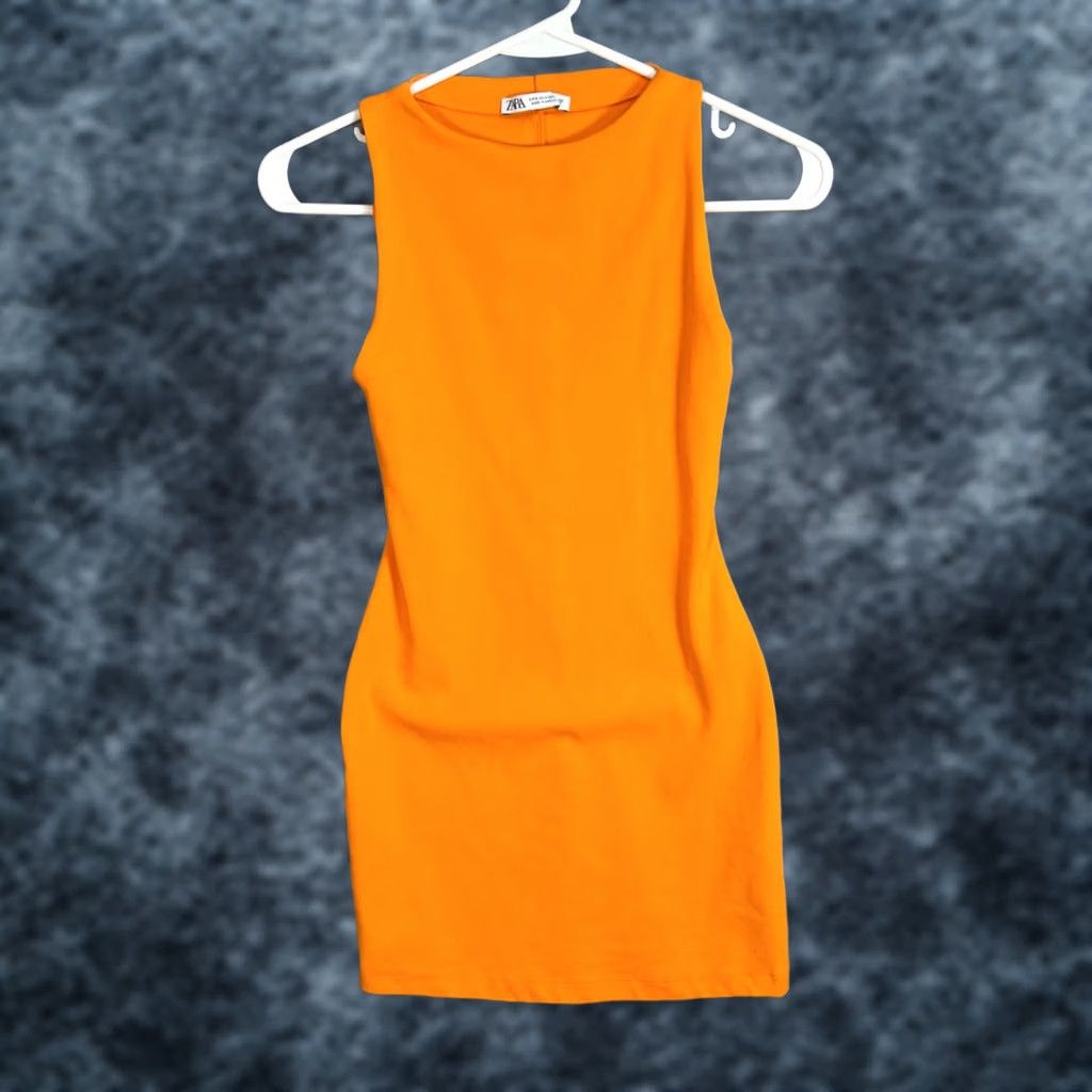 zara orange bodycon dress Zara Womens Size Small Sleeveless Cotton Blend Wet24.2-promoexclusions Hell Bunny Vanity 50's Color:Cappucino Detalj sa prednjim naborima