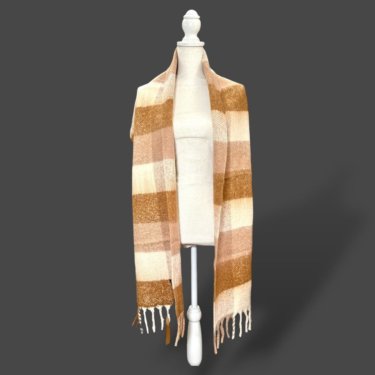 Cole Haan Cole Haan Oxford Tan Checkered Fringe Scarf 10”x70” Size ONE SIZE - 5 Thumbnail