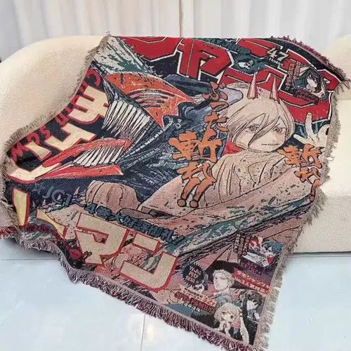 Designer Handmade Chainsaw Man Throw Towel Woven Blanket Anime Rug Size ONE SIZE - 3 Thumbnail