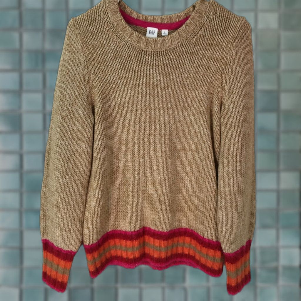 Gap Gap Pullover Sweater Shirt Women S Beige Knit Ribbed 80% Cotton 20% Acrylic Puff Sleeve Crew Neck Casual 2010s Mens? Girls? Size S / US 4 / IT 40 - 1 Thumbnail
