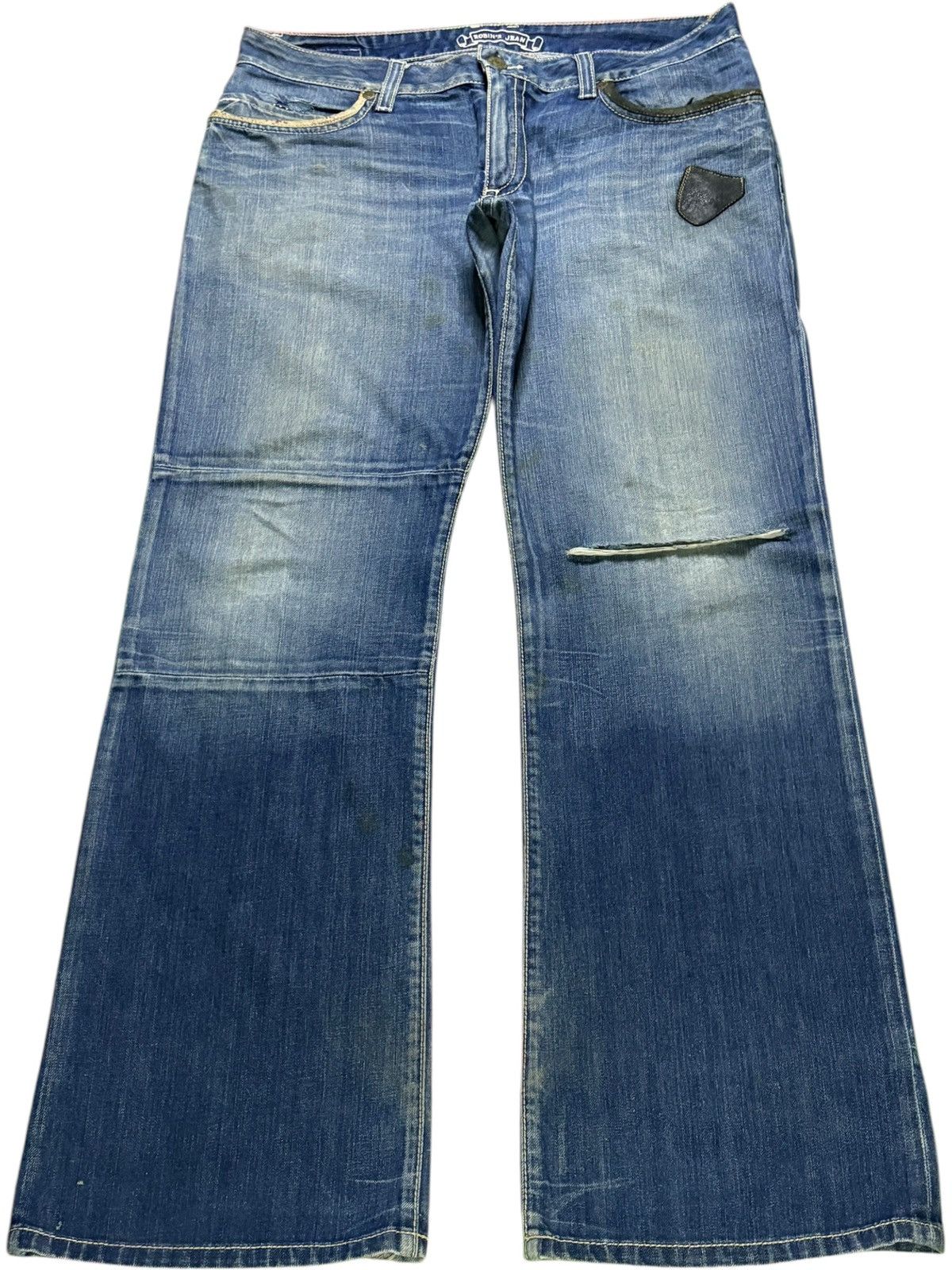 Vintage Robins Jean Patches Mud Wash Distressed Flare Jeans