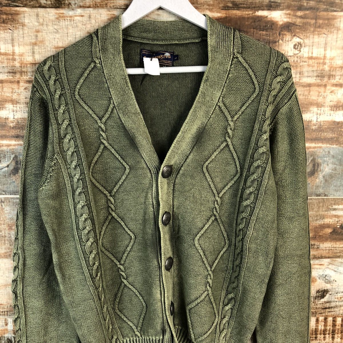 Vintage DL In Crew Sive Green faded Cardigan Knitwear #C494 Size US L / EU 52-54 / 3 - 5 Thumbnail