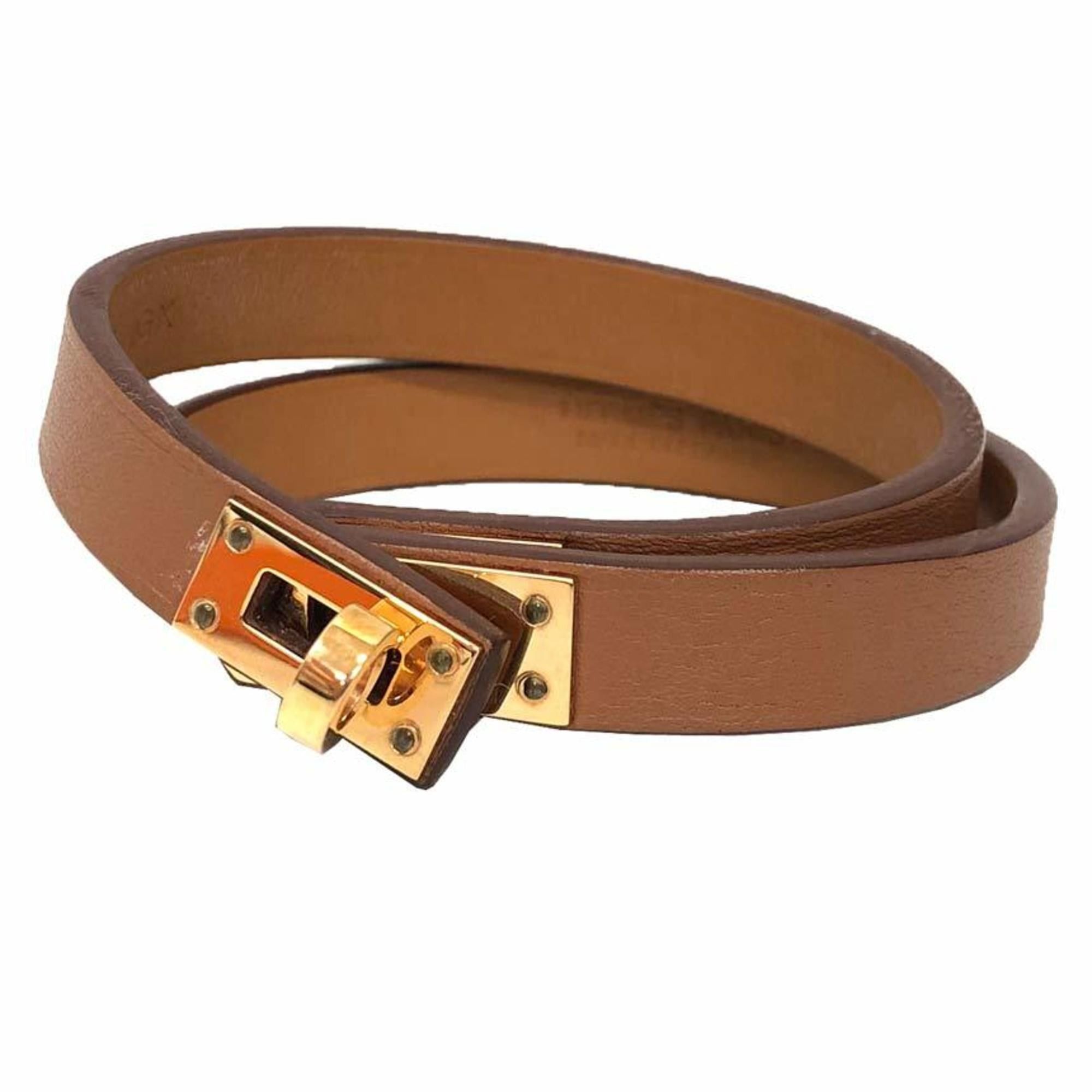 Hermes Hermes leather bracelet, Mini Kelly Double Tour, T2 size, Veau Swift leather, camel x pink gold, Z stamp, double strand bracelet Size ONE SIZE - 1 Thumbnail