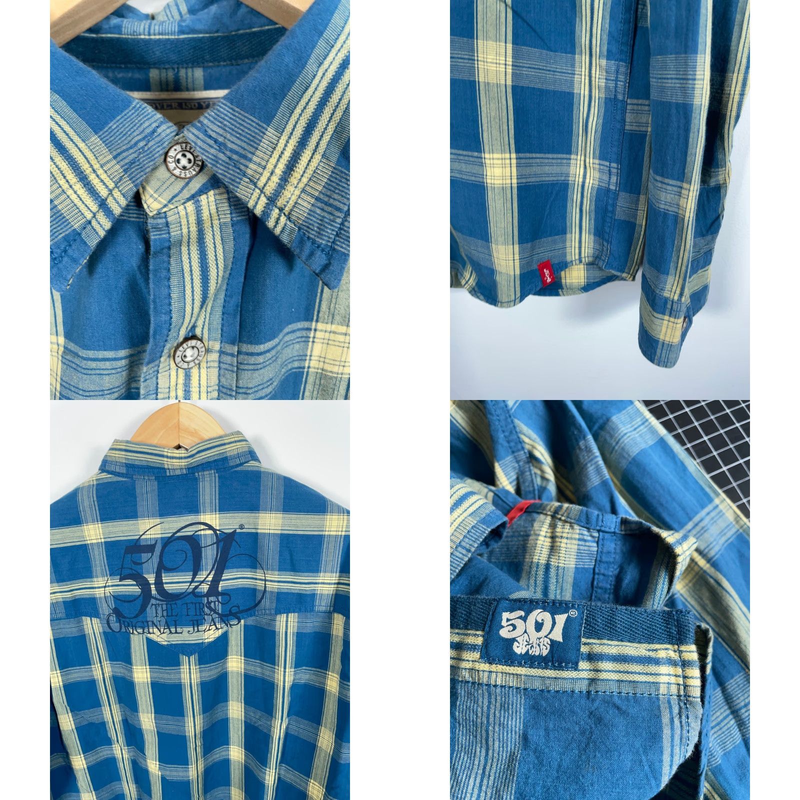 Levi's Levi's 501 Plaid Shirt Mens XL Blue Yellow Western Metal Buttons (2XL Tag) Size US XL / EU 56 / 4 - 9 Thumbnail