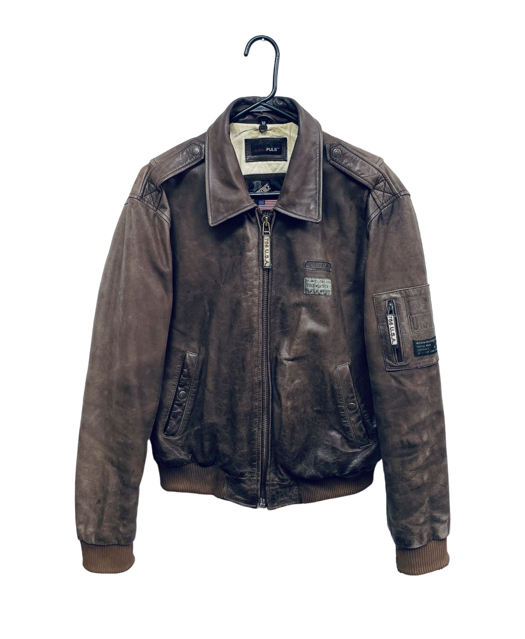 image of 786 U.s.a. Us Airforce Leather Bomber Jacket in Brown, Men's (Size Large)