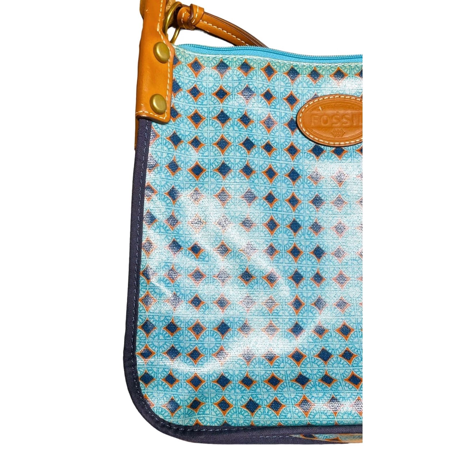 Fossil Fossil Kinley Crossbody Blue Crossbody Purse Women’s Vinyl Geometric Shape Tote Bag 90s Pattern Casual Travel Adjustable Strap Brown Hardware Size ONE SIZE - 3 Thumbnail