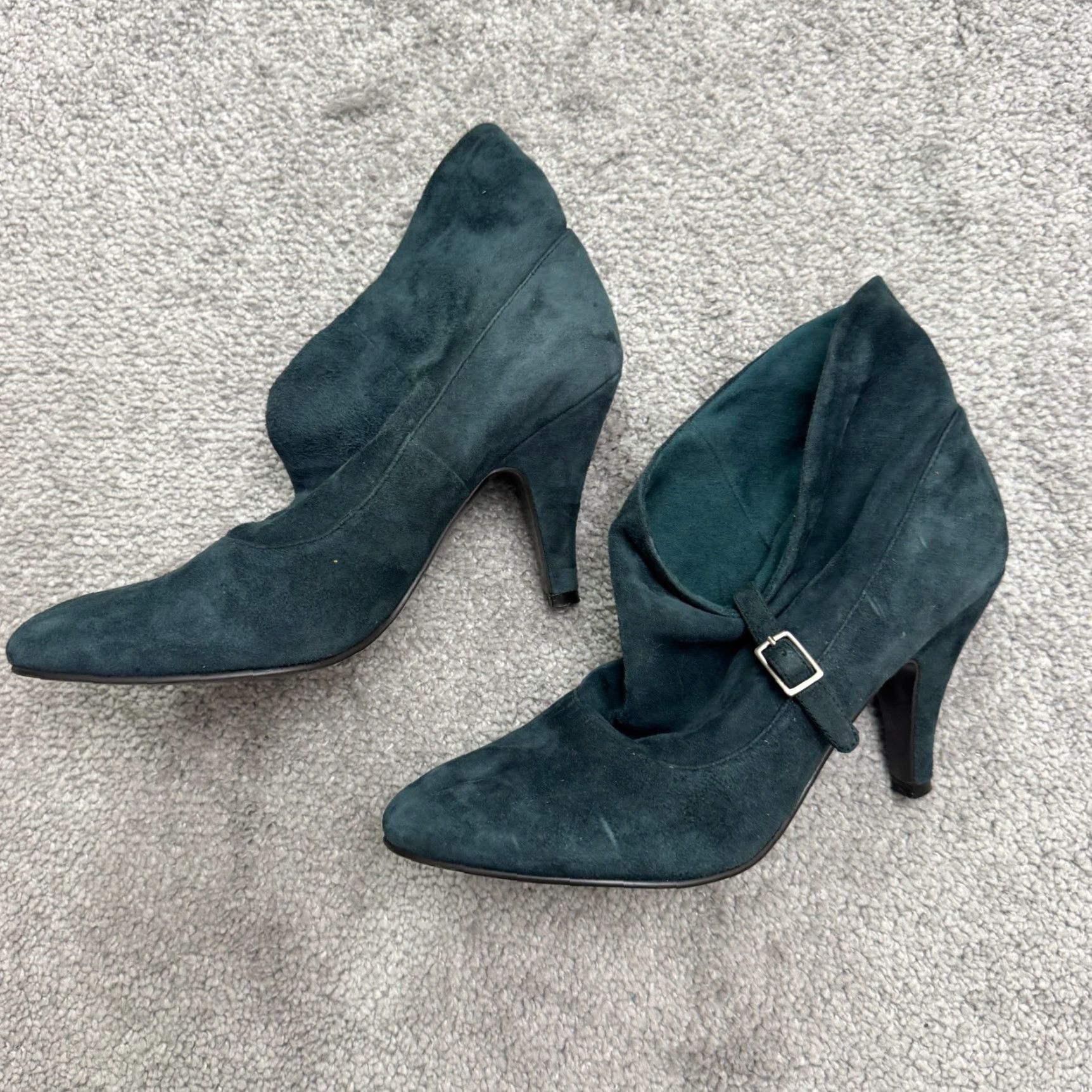 Nine West NINE WEST Bootie Suede Ankle Slouch Boots Womens 6.5 Teal Blue Pointed Toe Buckle Rubber Sole Fall Winter 2-2.9in Heel Women’s Shoes Size US 6.5 / IT 36.5 - 2 Thumbnail