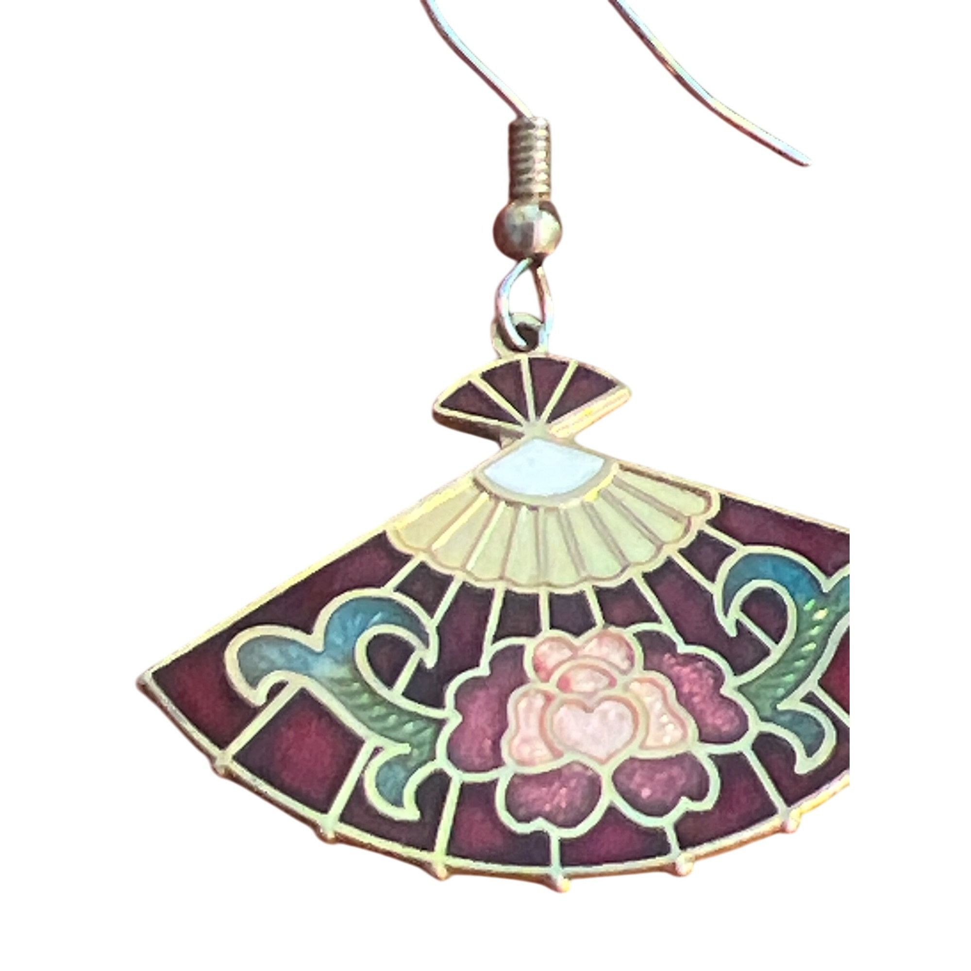 Other Vintage Fan-Shaped Enamel Cloisonné Earrings Gold Tone Flora Size ONE SIZE - 2 Thumbnail