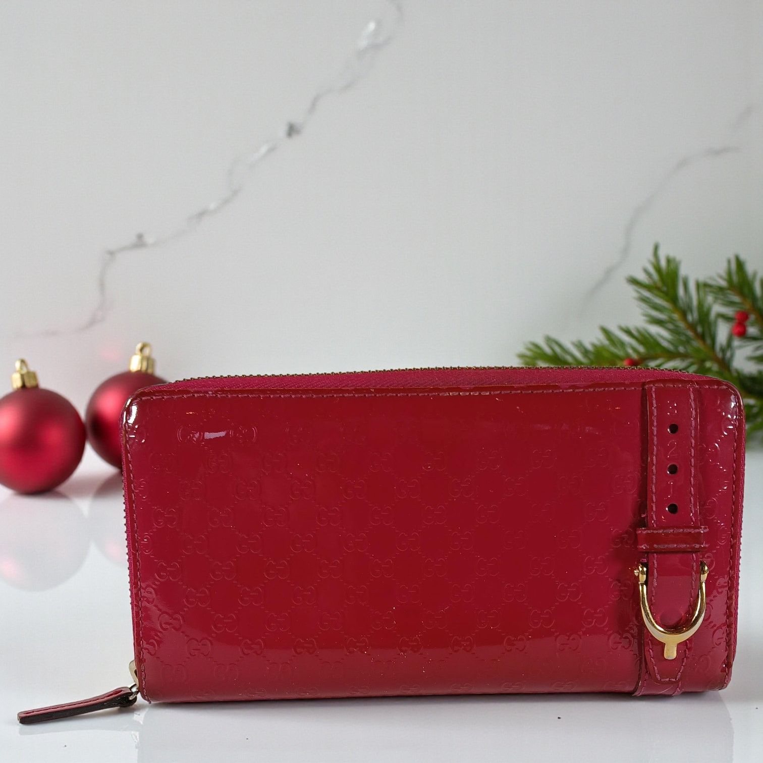 Gucci Shima GG Belted Zip Around Pink Enamel Leather Wallet