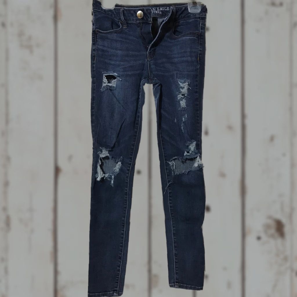 American Eagle Outfitters American Eagle Jeans Distressed Destroyed Hi-Rise Super Stretch Blue Denim Size 4 Reg Womens Size 27" / US 4 / IT 40 - 1 Thumbnail