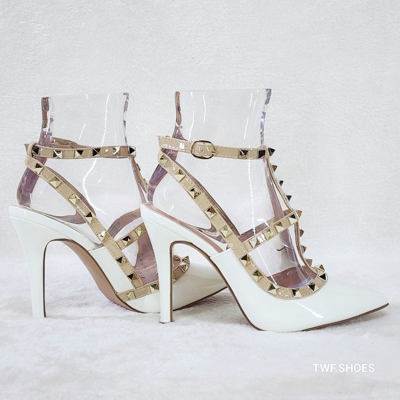 Other Caged White Patent Studded Strappy Stiletto High Heel Shoes Size US 10 / IT 40 - 3 Thumbnail
