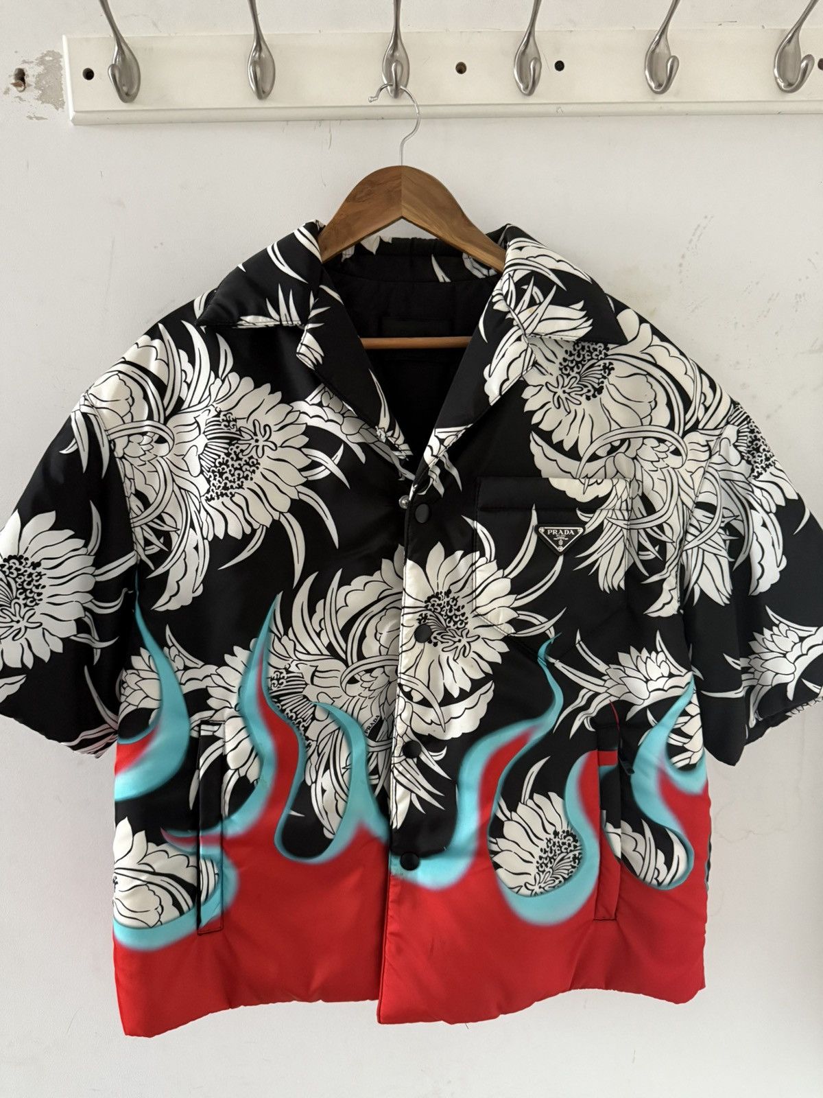 Prada oversized floral red flame nylon puffer shirt jacket