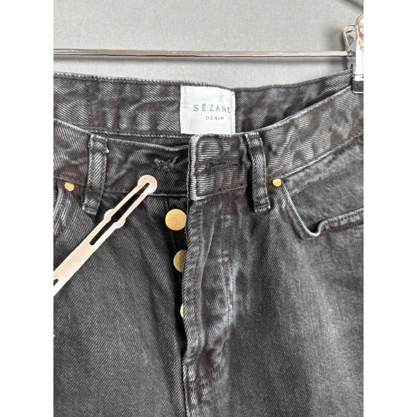 Denime Sezane Jeans Womens 25 Black Denim Cotton Straight Button Jeans Belted 5-Pocket Design Classic Vintage: No Mens Womens Girls Boys Size 42" / US 20 - 5 Thumbnail