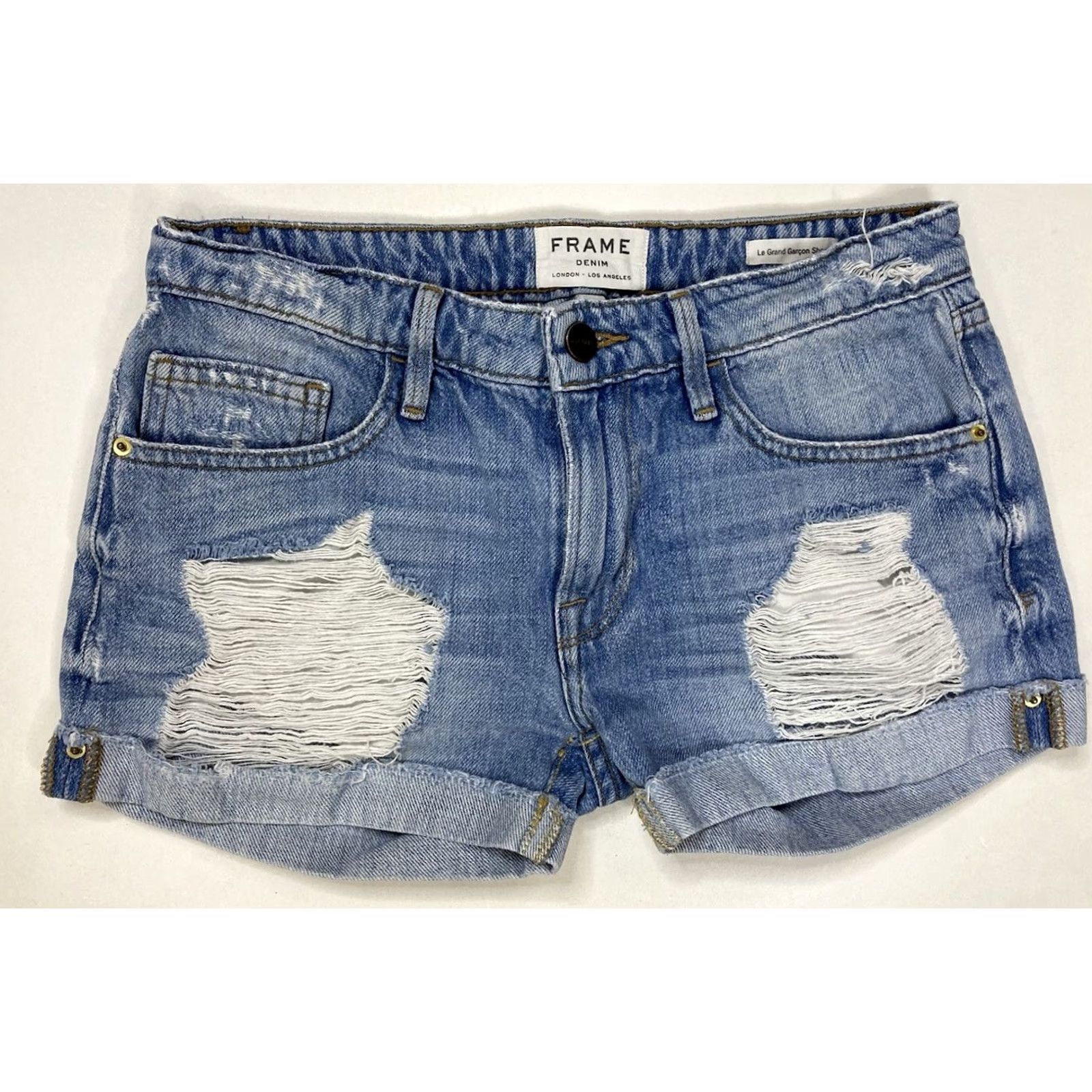Frame VINTAGE FRAME Le Grand Garcon Denim Jean Shorts Women Size 24 Blue Distressed LGGJSR207 Size 42" / US 20 - 2 Thumbnail