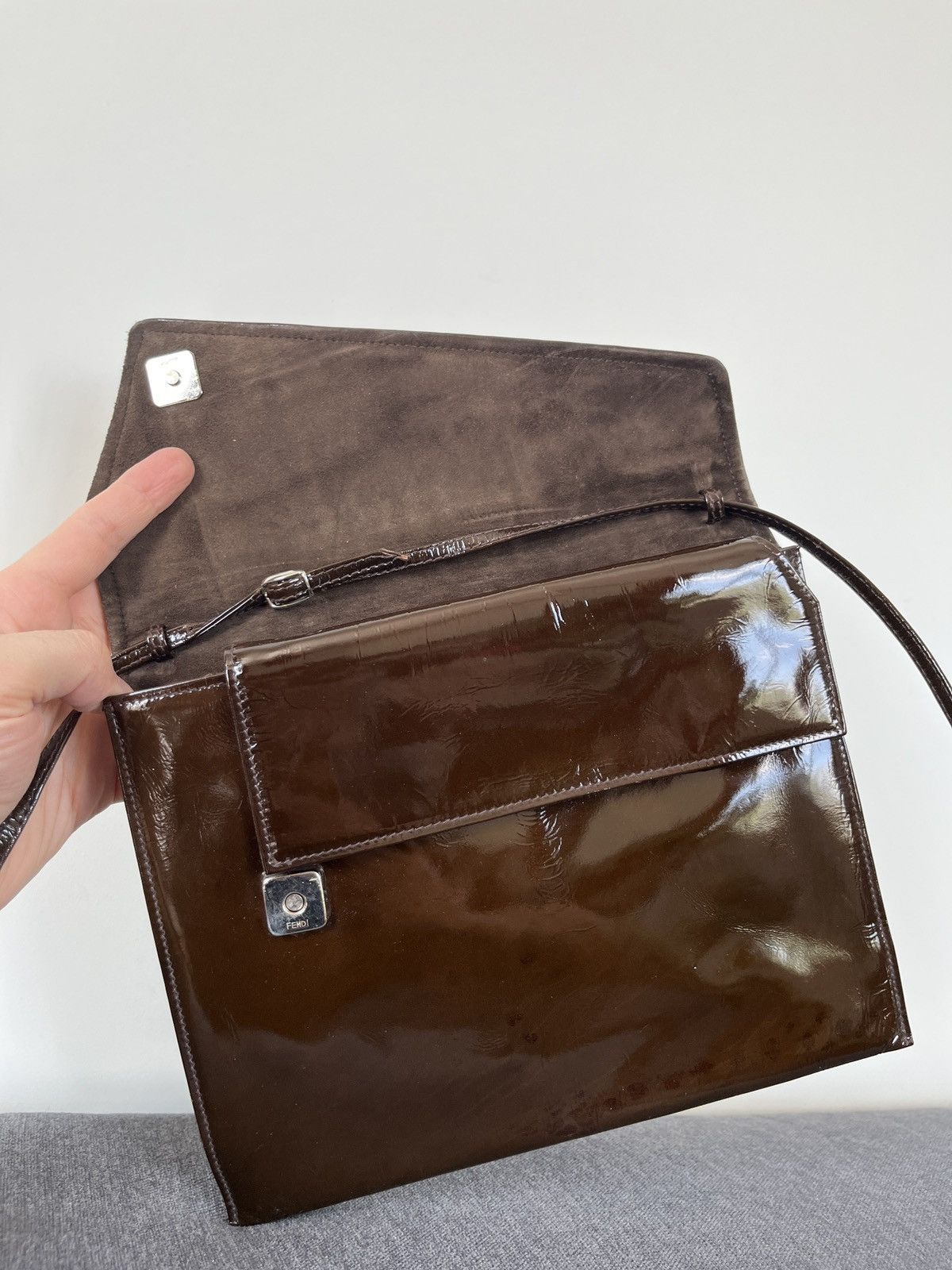 Fendi Vintage 80s Fendi Patent Leather Crossbody Bag Brown Flap Size ONE SIZE - 9 Thumbnail