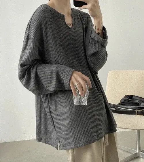 VIBE Korean fashion grey U neck long sleeve waffle top Size US M / EU 48-50 / 2 - 3 Thumbnail