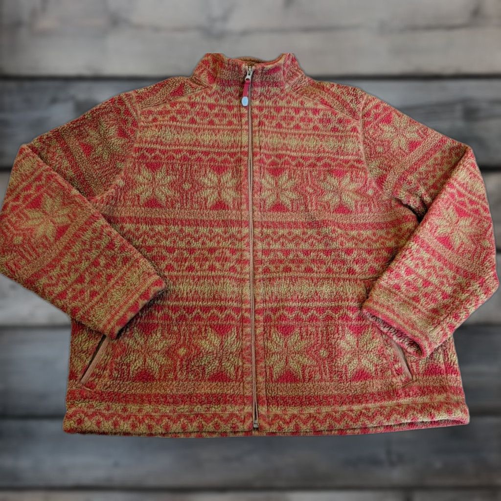 Lands' End Lands' End Fleece Full Zip Holiday Jacket Sweater Red Womens Size L Mid-Length Snowflakes Fair Isle Jacket/Coat Christmas Long Sleeve Regular Fit Size L / US 10 / IT 46 - 1 Thumbnail