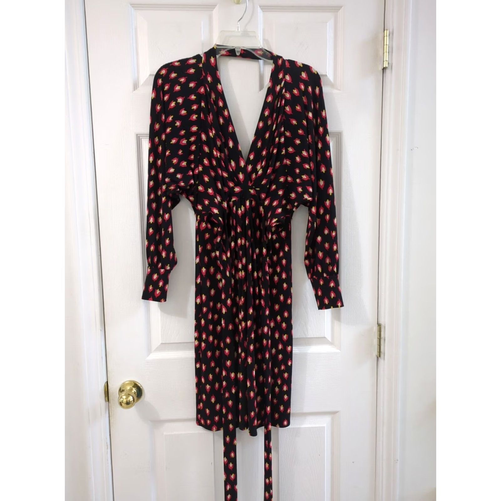 Vintage Moda International Open Back Black Pattern Dress S Floral V-Neck Tie Waist Balloon Sleeve Knee Length Party/Cocktail Womens Size S / US 4 / IT 40 - 2 Thumbnail