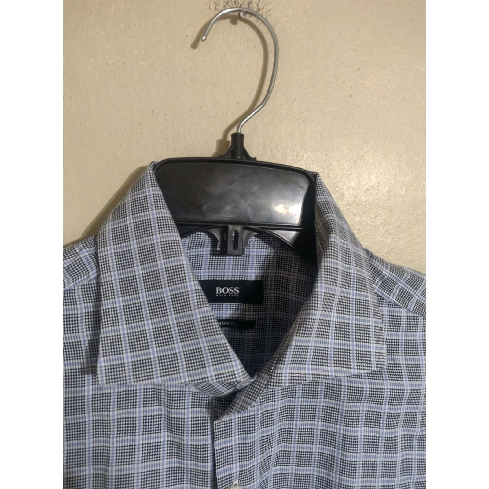 Hugo Boss HUGO BOSS Dress Shirt Sharp Fit Houndstooth Plaid Cutaway L/S Men's 16 34/35 Size 42R - 2 Thumbnail