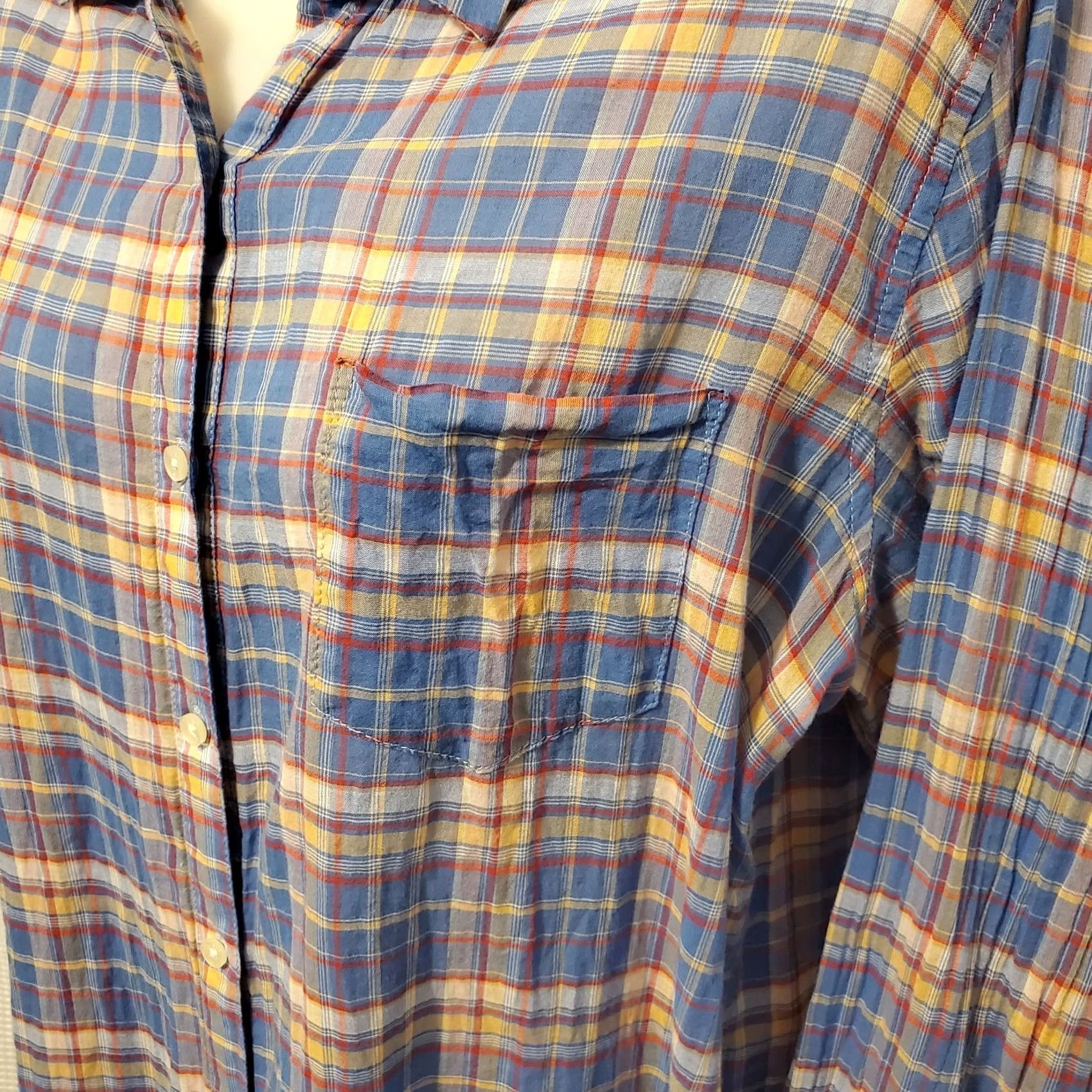 Vintage Trovata Birds Of Paradise Plaid Button-Front Lightweight Cotton Shirt Women's Large Blue Casual Workwear Spring Summer 90s Bohemian Cottage Coastals Size L / US 10 / IT 46 - 4 Thumbnail