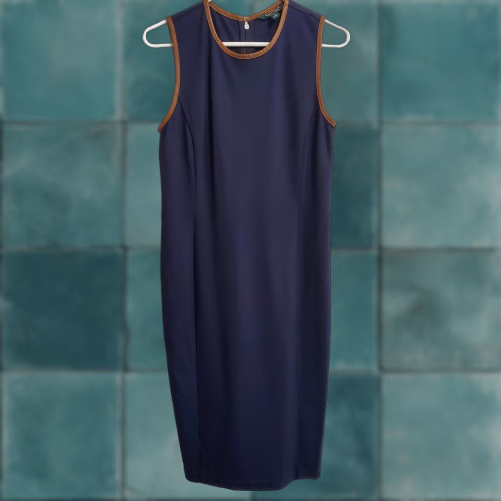 Ralph Lauren Lauren Ralph Lauren Dress Women M Navy Sleeveless Leather Trim Old Money FLAW Size M / US 6-8 / IT 42-44 - 1 Thumbnail