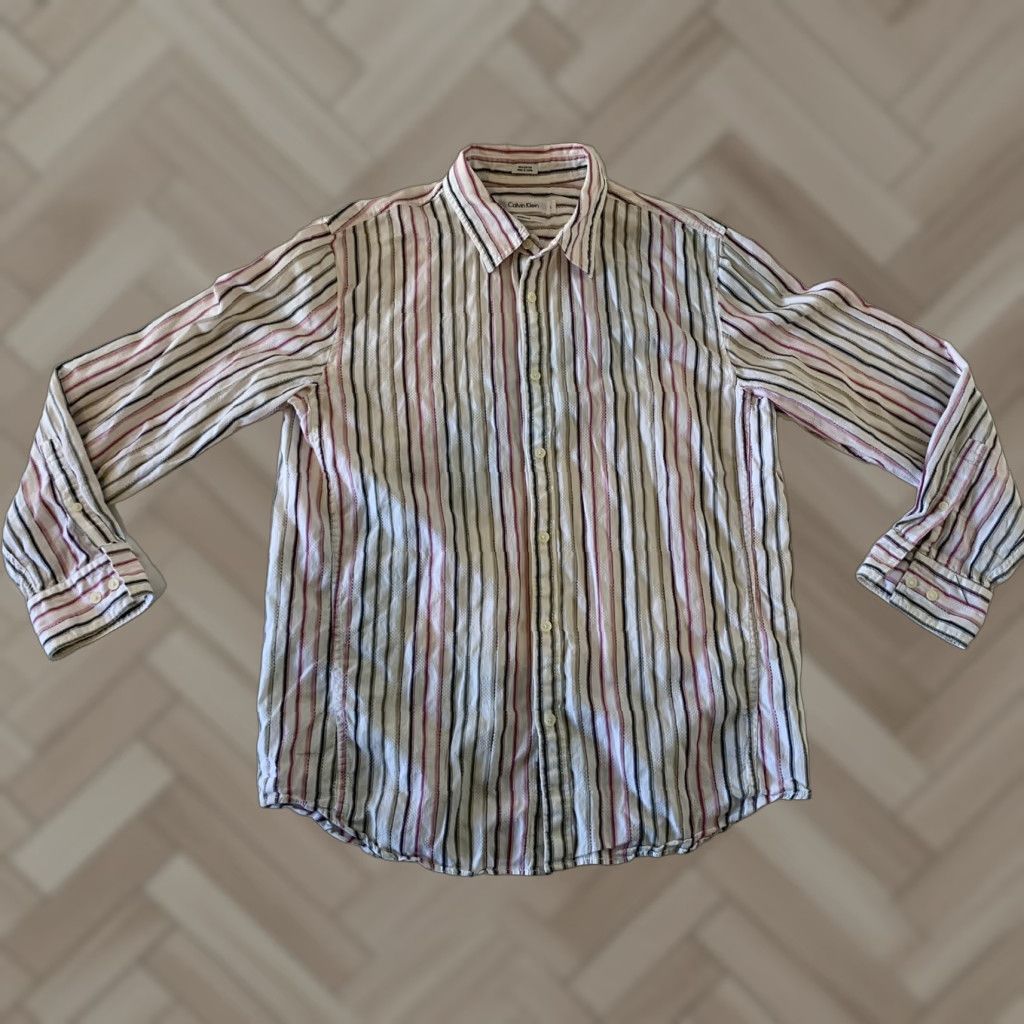 Calvin Klein Calvin Klein Long Sleeve Striped Button-Up Shirt Men's Large White Modern Modern Shirt Size US L / EU 52-54 / 3 - 1 Thumbnail