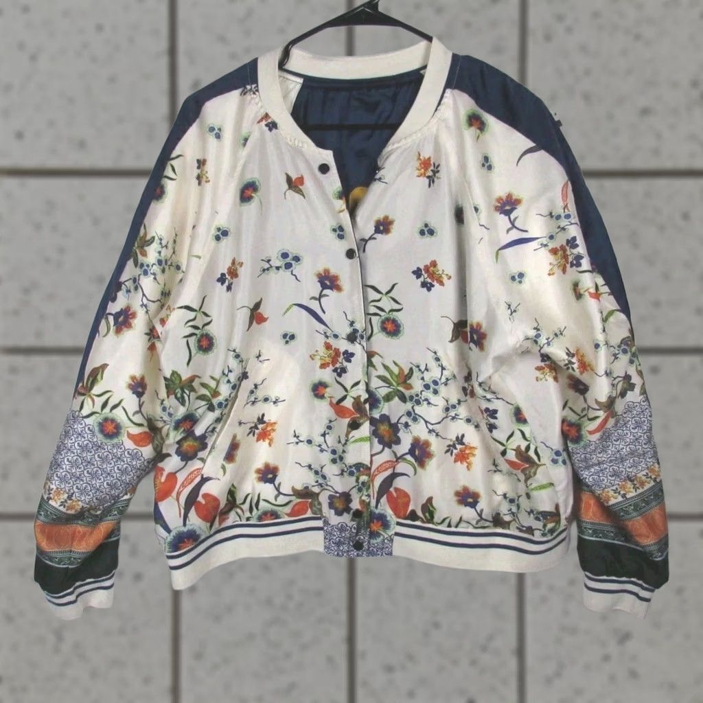Vintage Paparazzi Jacket Floral Reversible Bomber Ivory Navy XL Embroidered Peace Snap Long Sleeve Womens Regular 2010s - Size XL / US 12-14 / IT 48-50 - 1 Thumbnail