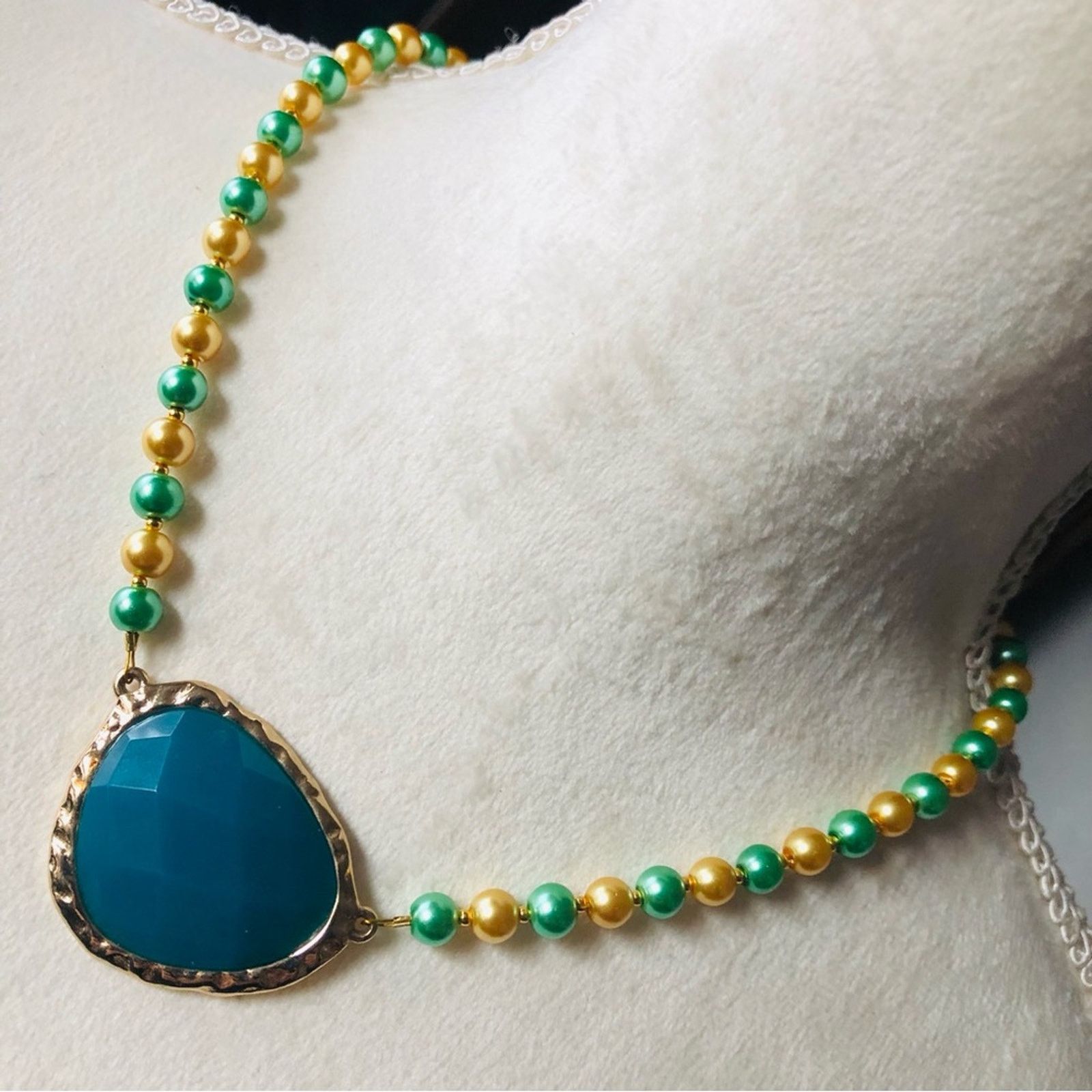 Handmade Handcrafted repurpose teal green dome glass Pearl necklace Size ONE SIZE - 1 Thumbnail