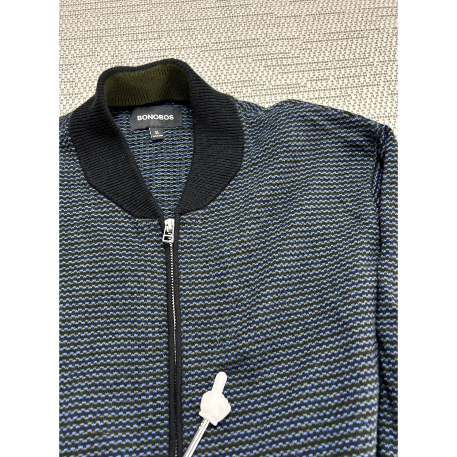 Bonobos Bonobos Bomber Jacket Mens XL Blue Full Zip Striped Knit Cotton Cashmere Jacket Size US XL / EU 56 / 4 - 4 Thumbnail