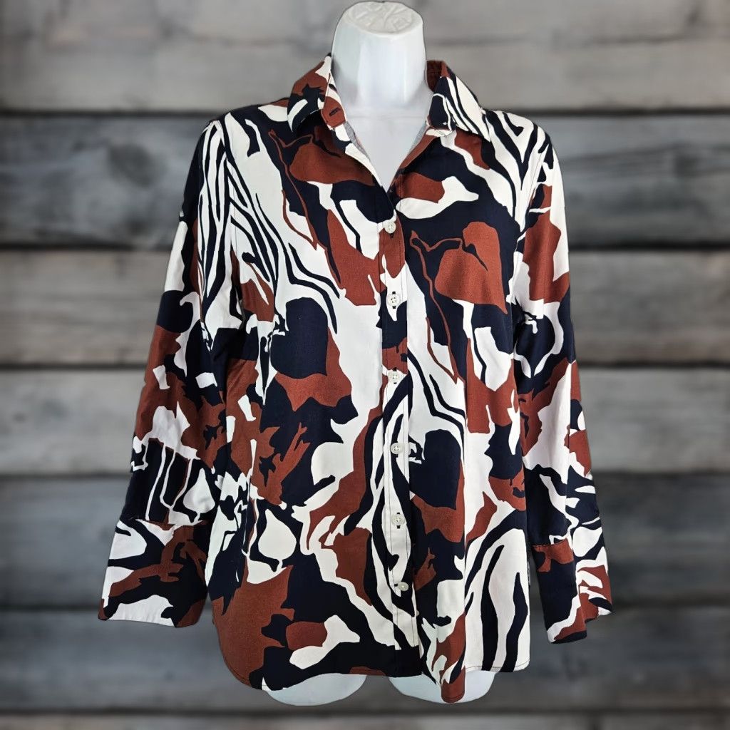 Vintage Chico's Button-Up Top Womens Sz 6 Brown Blue Long Sleeve Cotton Blend Shirt Casual Regular Womens Size M / US 6-8 / IT 42-44 - 1 Thumbnail