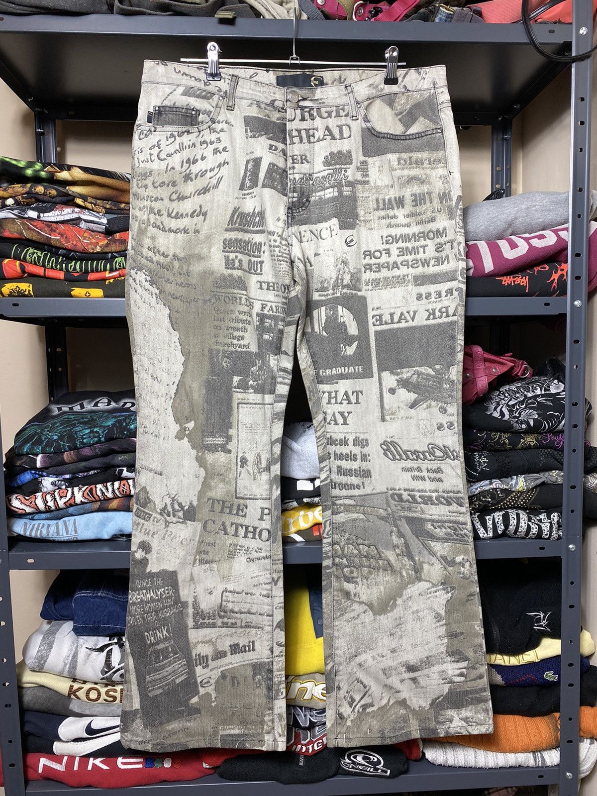 image of Vintage Just Cavalli Newspaper Gazette Archive Pants in Grey, Men's (Size 38)