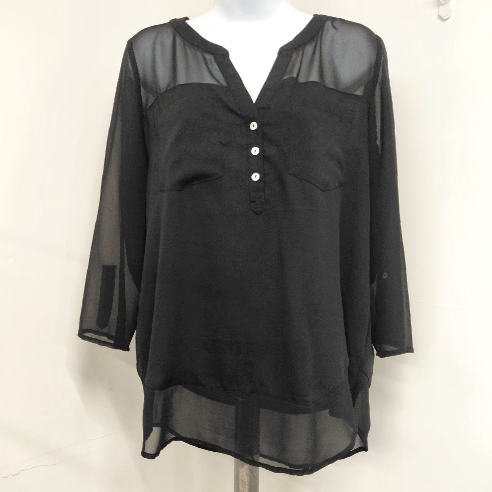Express Express Blouse Top Womens Medium Black Sheer Chiffon Front Pockets 100 Poly Blouse Size M / US 6-8 / IT 42-44 - 2 Thumbnail