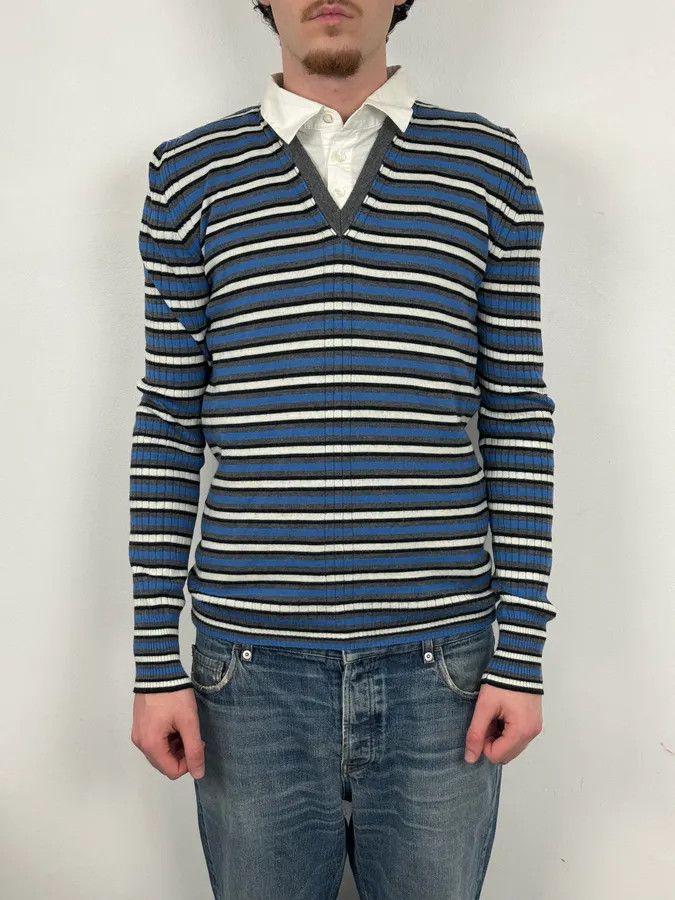Dirk Bikkembergs 2000s Bikkembergs Blue Striped V-Neck Sweater Wool Collar Size US M / EU 48-50 / 2 - 2 Thumbnail