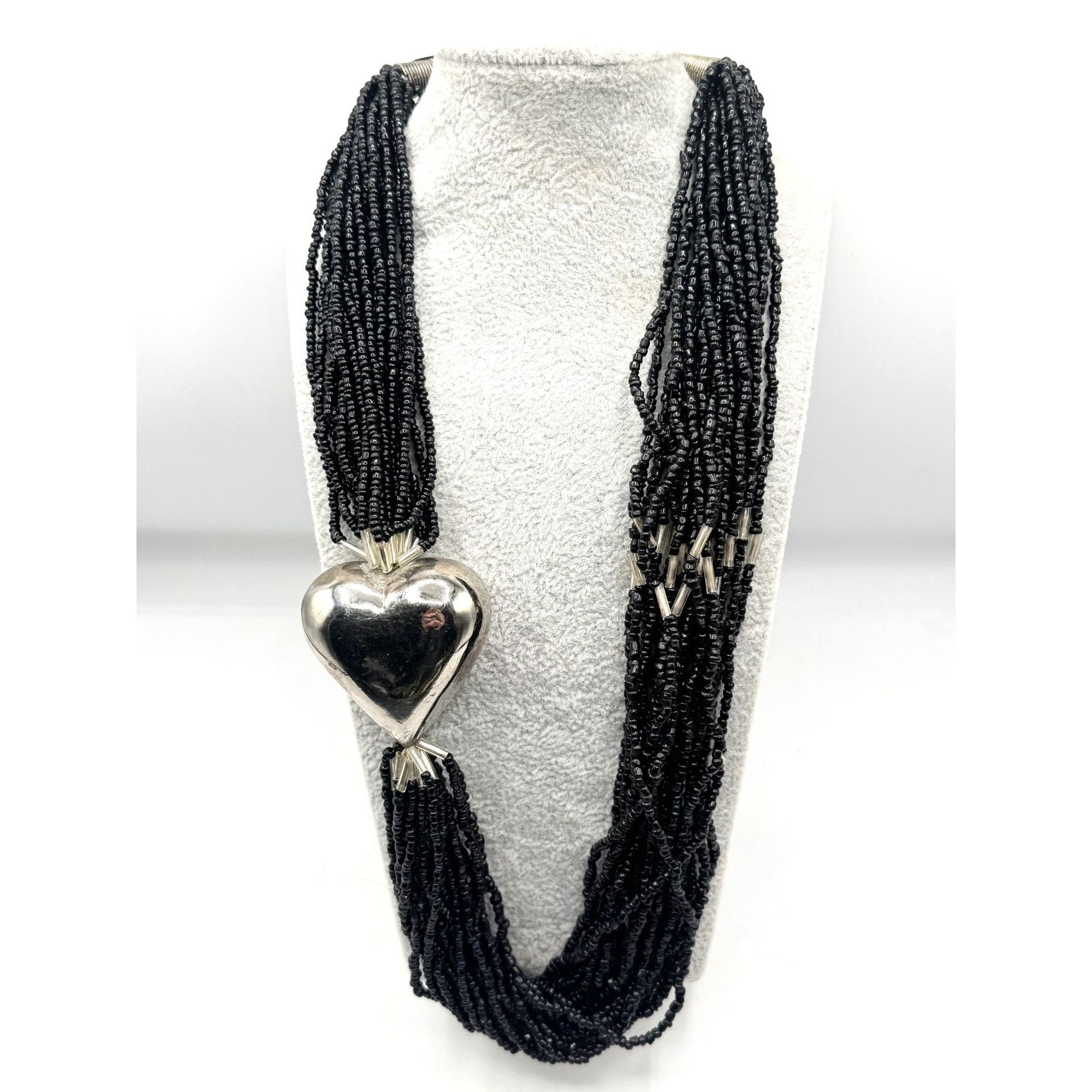 Vintage Made in India Silver Puffy Heart Multi Strand beaded Necklac Size ONE SIZE - 1 Thumbnail