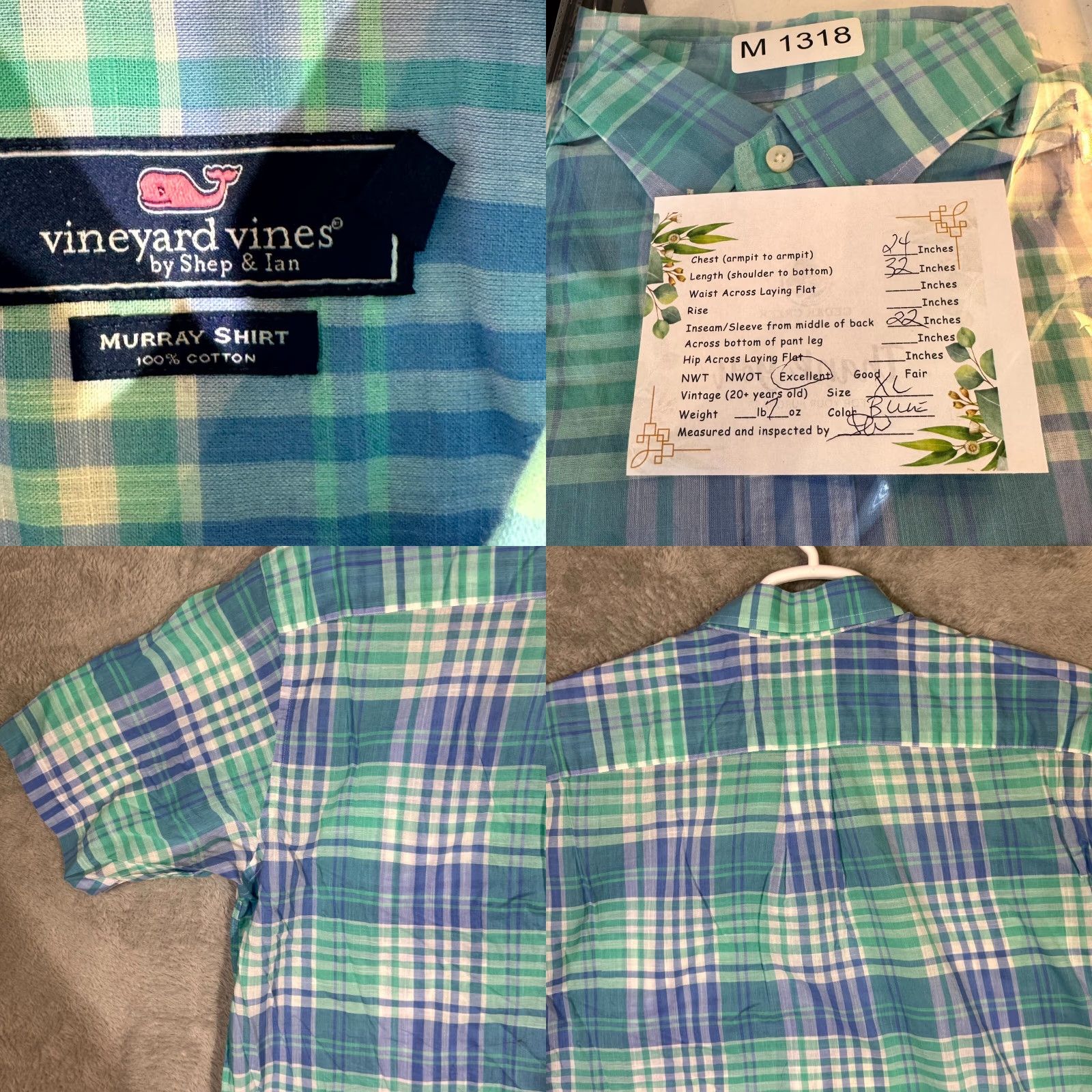 Vineyard Vines Vineyard Vines Murray Shirt XL Blue Plaid 100% Cotton Short Sleeve Button-Down Shirt Men Size US XL / EU 56 / 4 - 8 Thumbnail