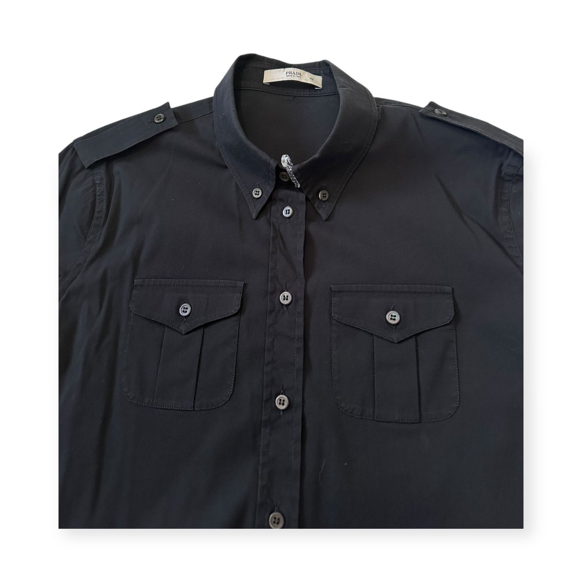 Prada Black Stretch Cotton Shirt Epaulettes Made in Italy,