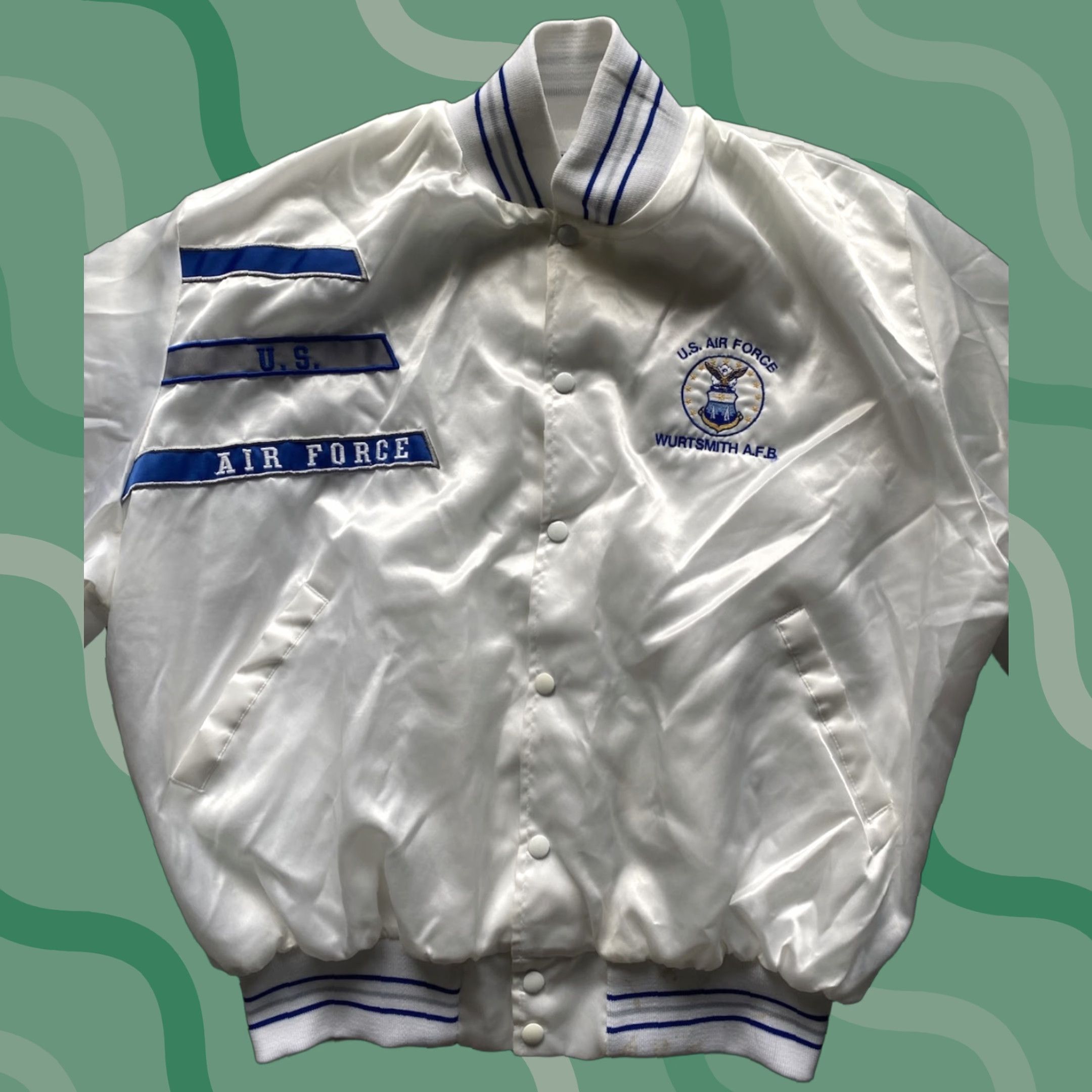 Vintage VINTAGE Artex Jacket Men’s XL US Air Force Wurtsmith AFB White Blue Flaws Wear Size US XL / EU 56 / 4 - 1 Thumbnail