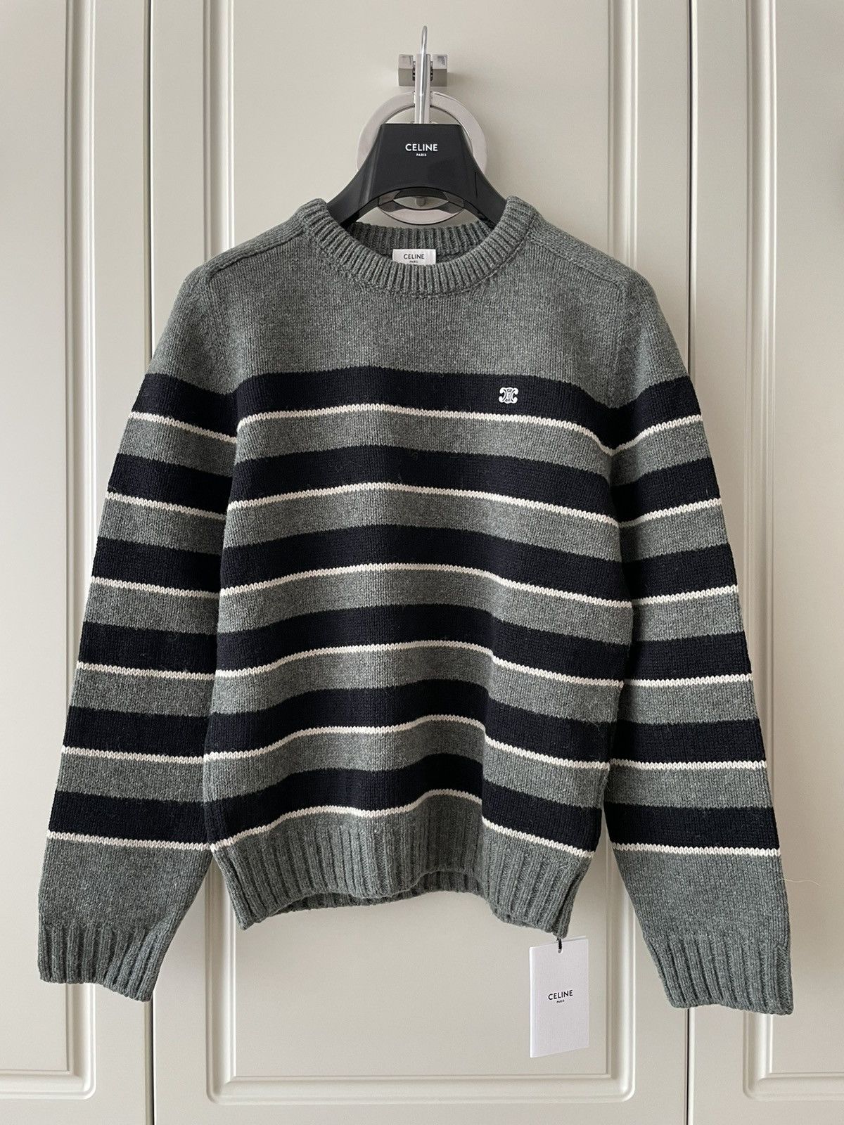 image of Celine x Hedi Slimane Fw23 Logo Embroidered Striped Knitted Wool Sweater in Grey (Size Medium)