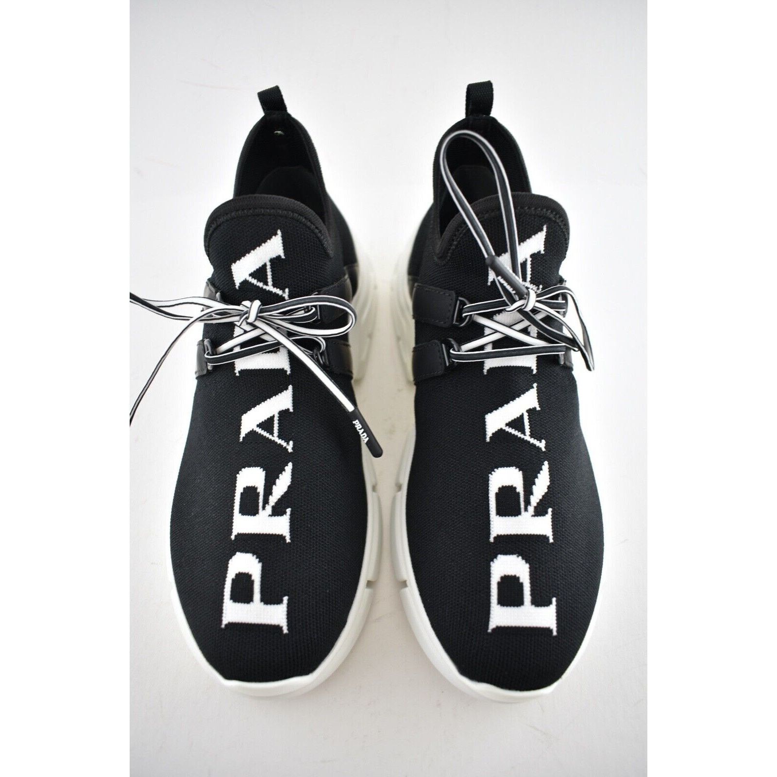 Prada Prada Logo Sock Black White Knit Flat Tie Pull On Sneaker 35 Size US 5 / IT 35 - 7 Thumbnail