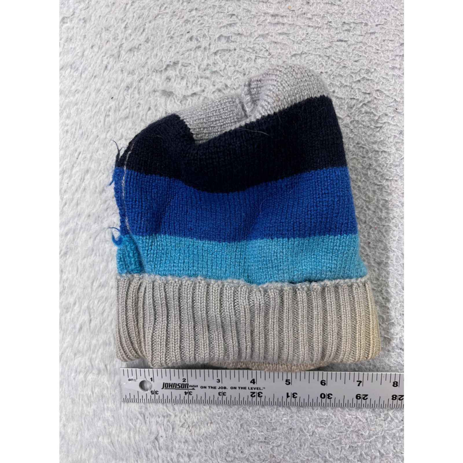 Vintage Smiley Beanie Adult One Size Blue Gray Black Wool Knit Striped Logo Ski Hats Unisex Adults Beanie Mens Womens Size ONE SIZE - 5 Thumbnail