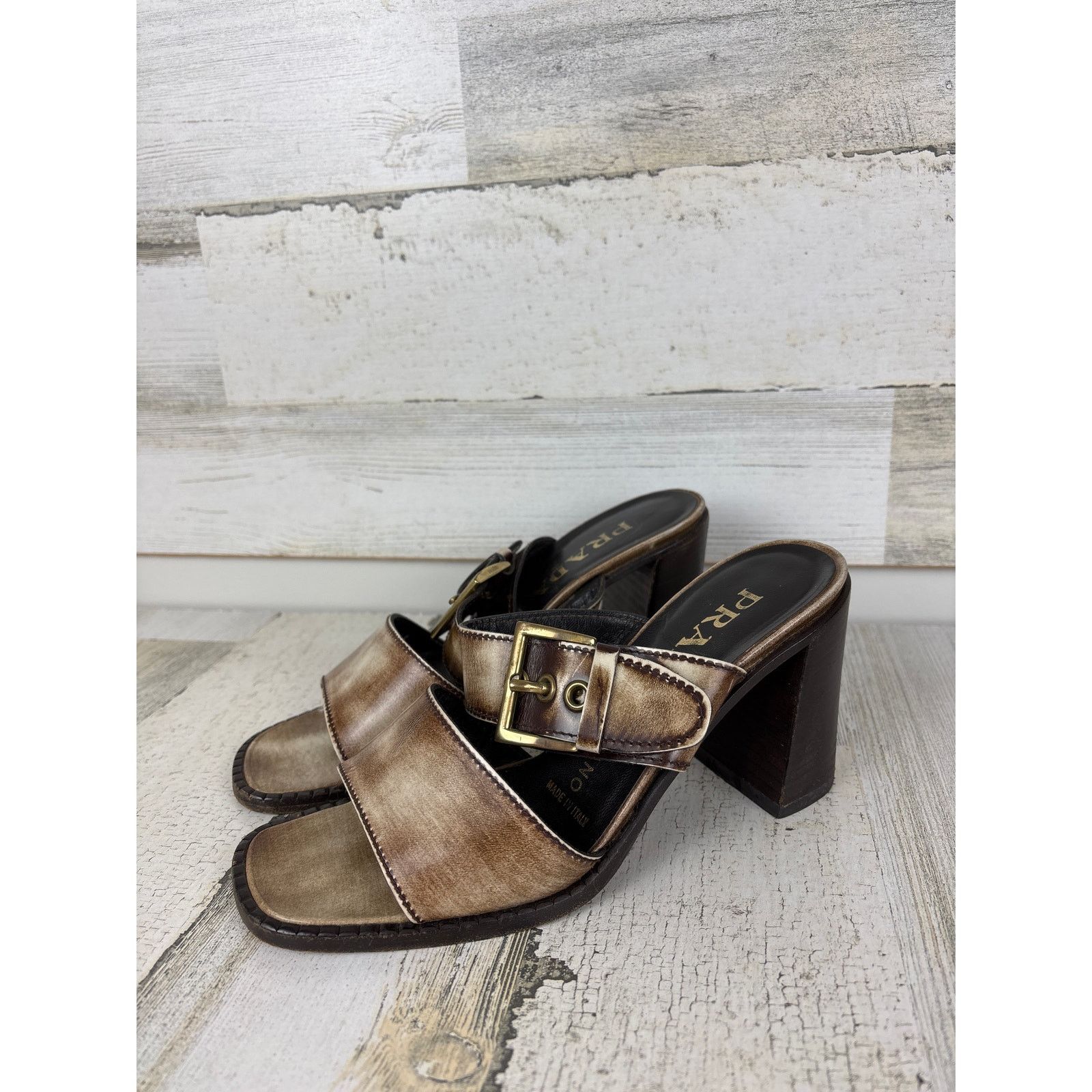 Prada Prada womens 6 vintage heel buckle sandals brown leather Size US 6 / IT 36 - 1 Thumbnail